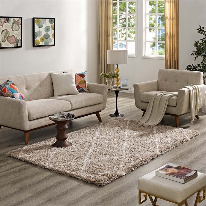 Modway Toryn 5' x 8' Diamond Lattice Shag Area Rug in Beige and Ivory