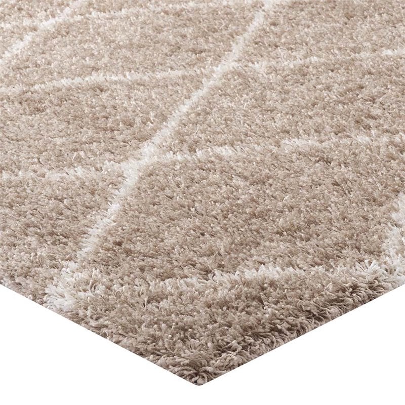 Modway Toryn 5' x 8' Diamond Lattice Shag Area Rug in Beige and Ivory
