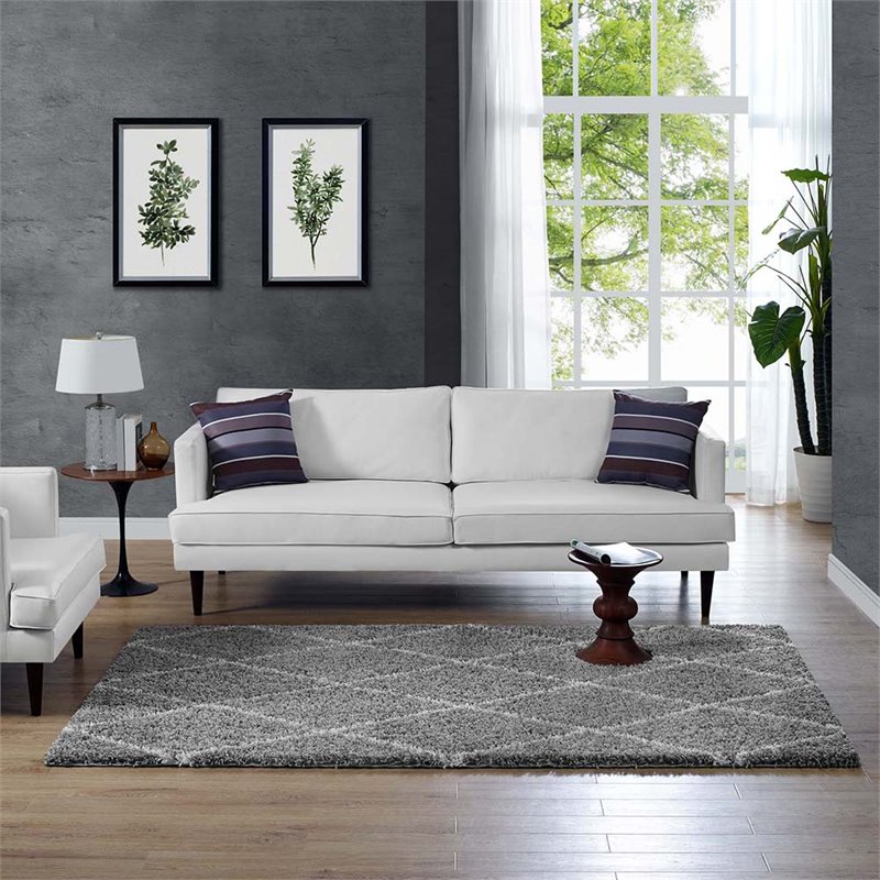 Modway Toryn 5' x 8' Diamond Lattice Shag Area Rug in Gray and Ivory