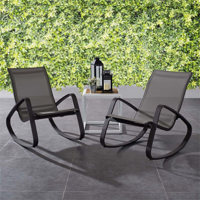 Modway Traveler Aluminum & Mesh Patio Rocking Chair in Black (Set of 2)
