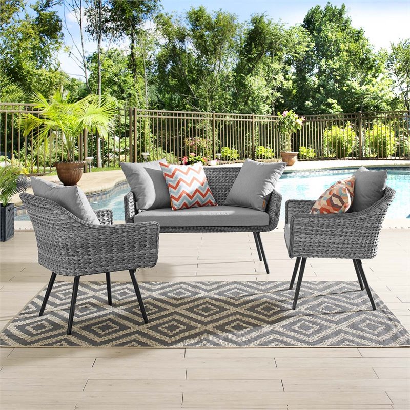 Modway Endeavor 3-Piece Wicker Rattan Patio Loveseat Set in Gray