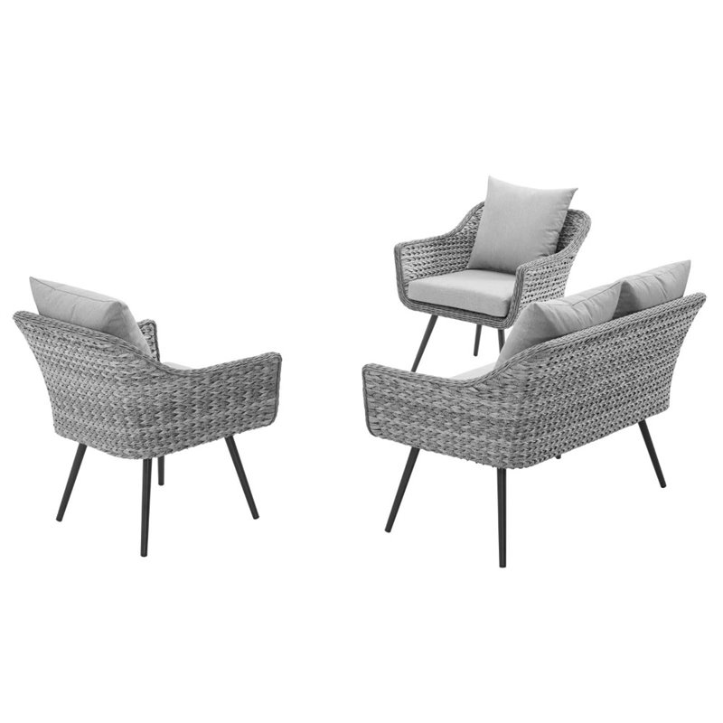 Modway Endeavor 3-Piece Wicker Rattan Patio Loveseat Set in Gray