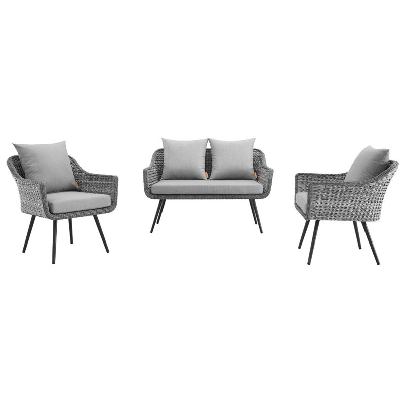 Modway Endeavor 3-Piece Wicker Rattan Patio Loveseat Set in Gray