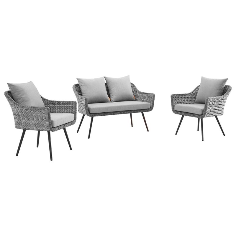 Modway Endeavor 3-Piece Wicker Rattan Patio Loveseat Set in Gray