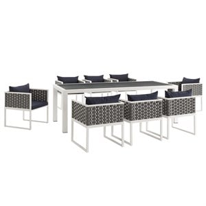 Modway Stance 9-Piece Aluminum & Fabric Patio Dining Set in White and Navy