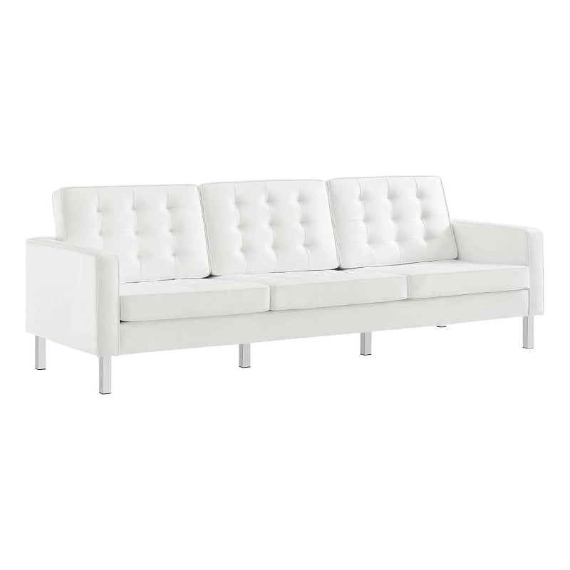 Modway Loft Tufted Vegan Leather Stainless Steel Sofa in Silver/White