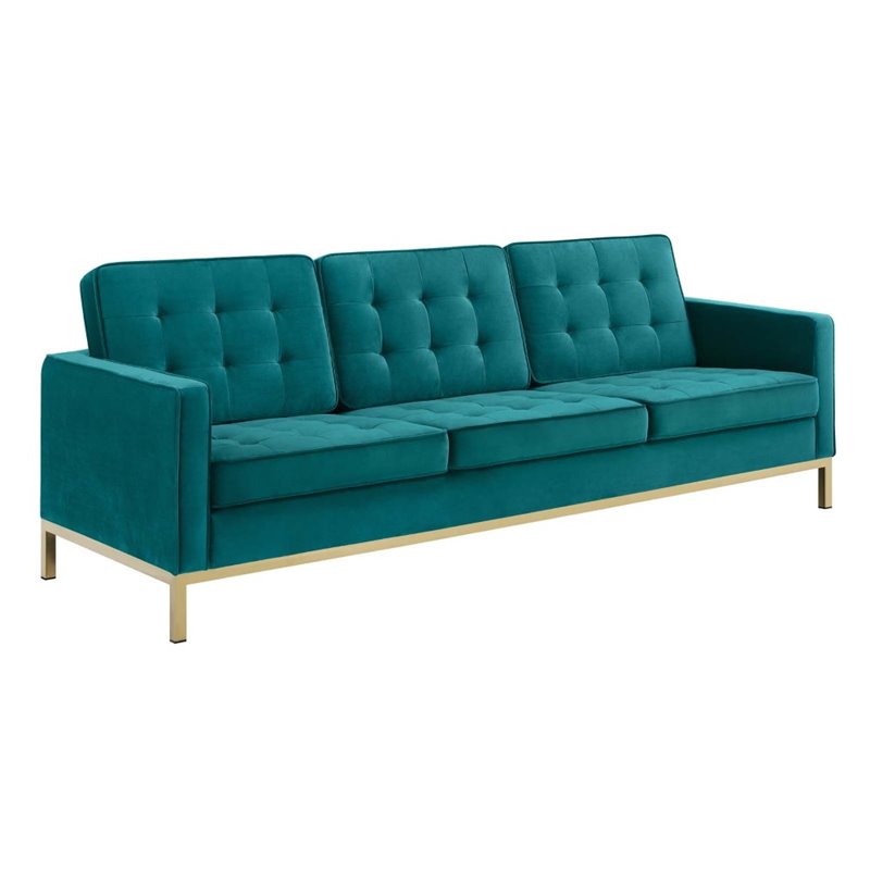 Modway Loft Stainless Steel Leg Performance Velvet Sofa in Gold/Teal