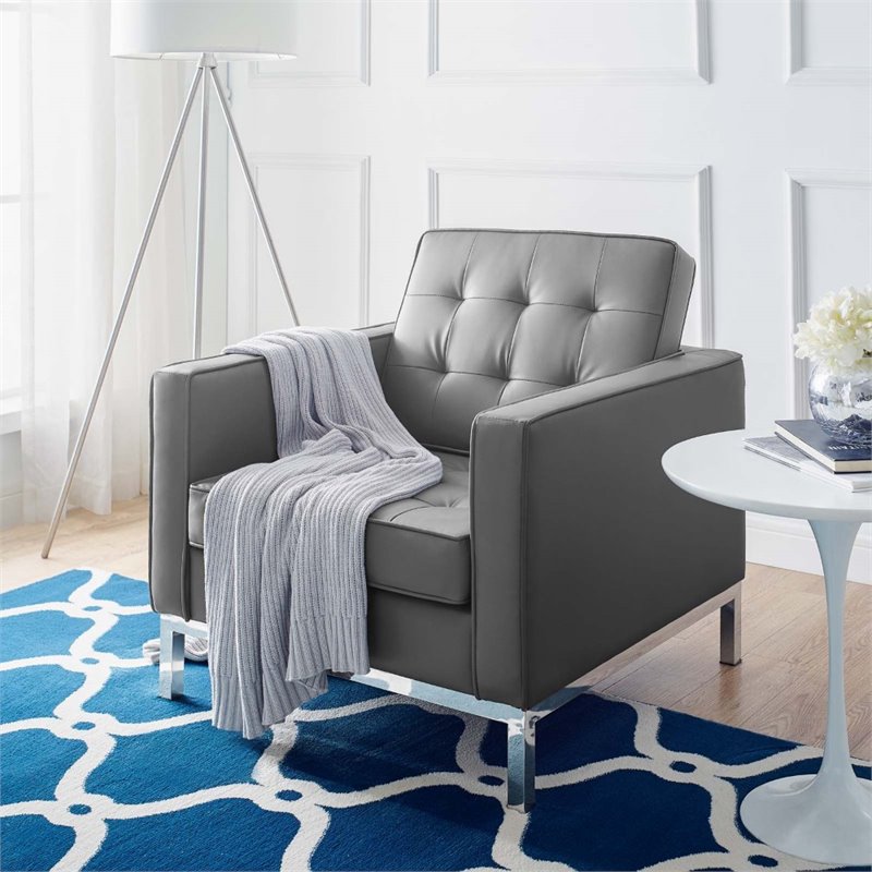 Modway Loft Tufted Upholstered Faux Leather Armchair in Silver/Gray