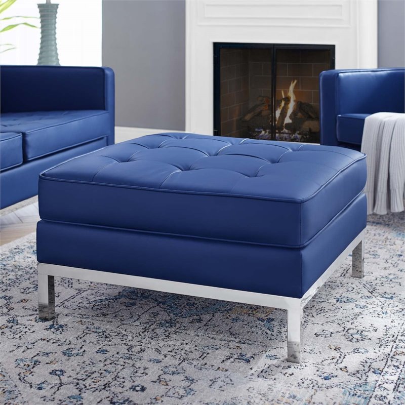 Modway Loft Tufted Upholstered Faux Leather Ottoman in Silver and Navy