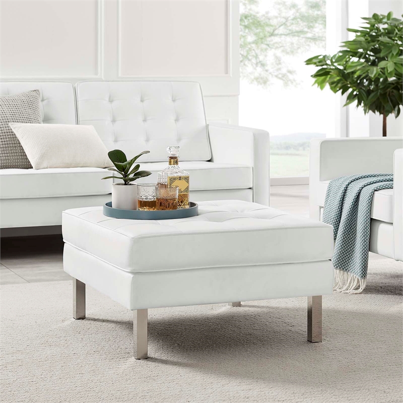 Modway Loft Tufted Upholstered Faux Leather Ottoman in Silver and White