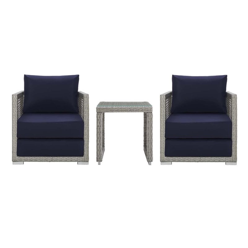 Modway Aura 3-Piece Outdoor Patio Wicker Rattan Set in Gray and Navy