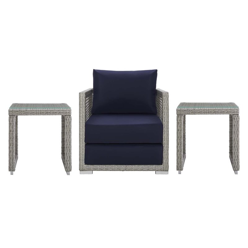 Modway Aura 3-Piece Outdoor Synthetic PE Wicker Rattan Set in Gray/Navy