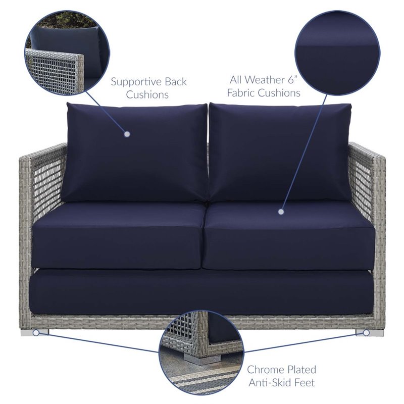 Modway Aura 3-Piece Modern Outdoor Patio Wicker Rattan Set in Gray/Navy