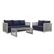 Modway Aura 3-Piece Modern Outdoor Patio Wicker Rattan Set in Gray/Navy