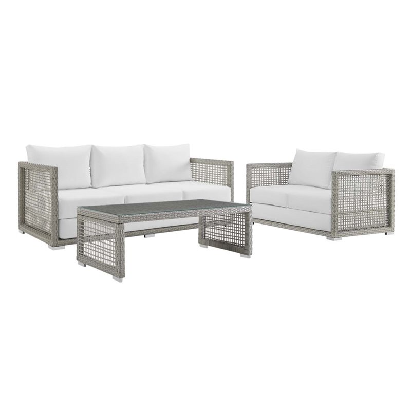 Modway Aura 3-Piece Modern Outdoor Patio Wicker Rattan Set in Gray/White