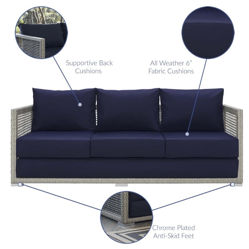 Modway Aura 3-Piece Outdoor Patio Wicker Rattan Set in Gray/Navy