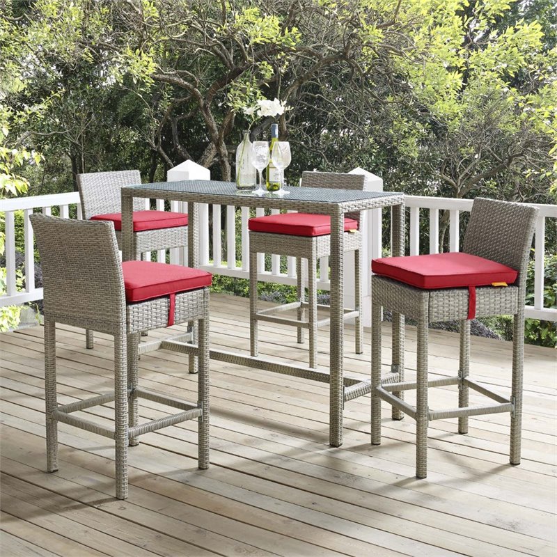 Modway Conduit Outdoor Wicker Rattan Bar Stool in Light Gray/Red (Set of 4)