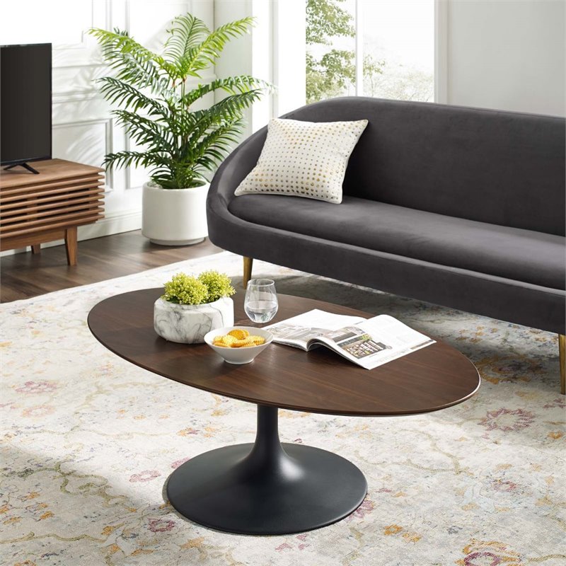 modway lippa 48&quot oval-shaped metal and wood coffee table in black/walnut
