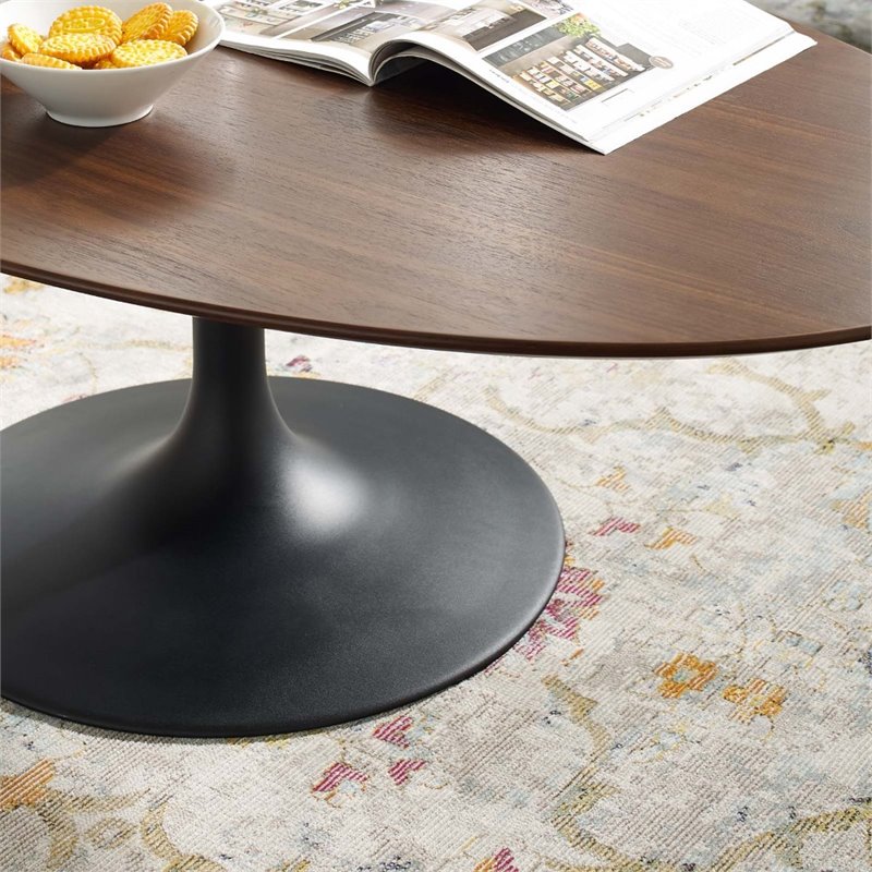 modway lippa 48&quot oval-shaped metal and wood coffee table in black/walnut