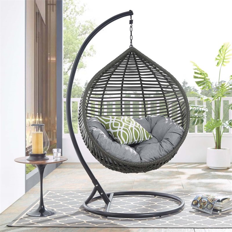 Modway Garner Teardrop Outdoor Patio Swing Chair with Stand in Gray