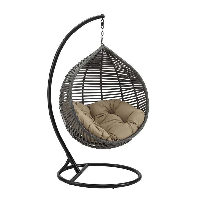 Modway Garner Teardrop Outdoor Patio Swing Chair with Stand in Gray/Mocha