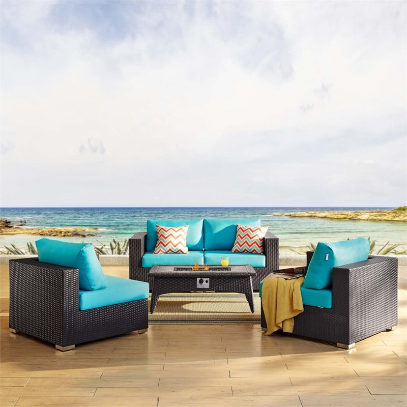 Modway Convene 5-Piece Patio Wicker Rattan Set w/ Fire Pit in Espresso/Turquoise
