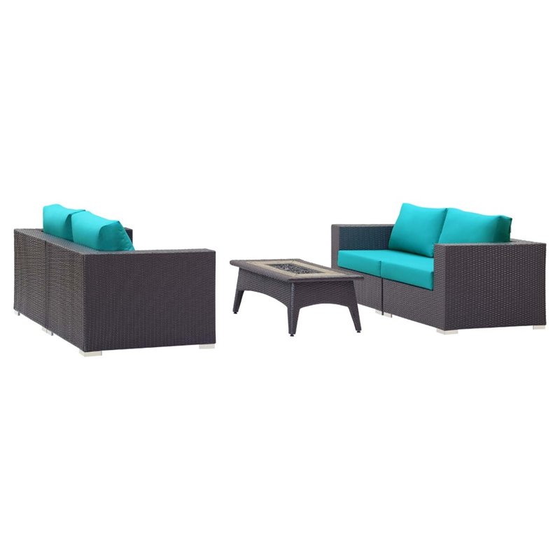 Modway Convene 5-Piece Patio Wicker Rattan Set w/ Fire Pit in Espresso/Turquoise