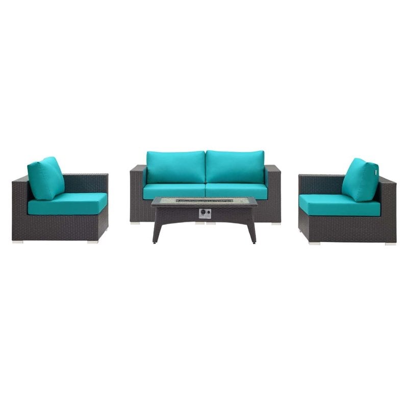 Modway Convene 5-Piece Patio Wicker Rattan Set w/ Fire Pit in Espresso/Turquoise