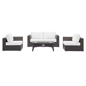 Modway Convene 5 Piece Patio Sofa Set with Fire Pit in Espresso and White