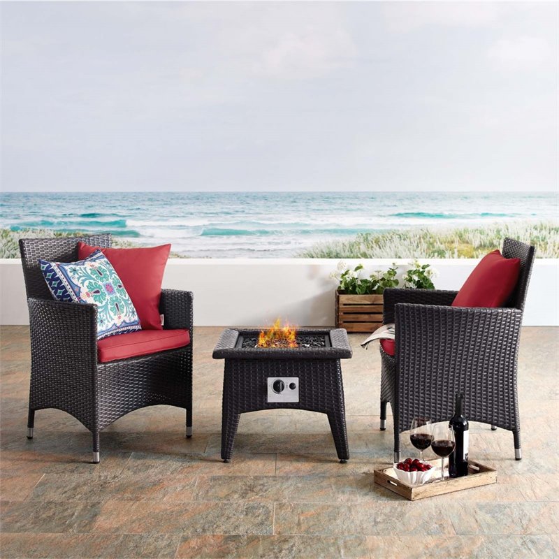 Modway Convene 3-Piece Outdoor Wicker Rattan Set with Fire Pit in Espresso/Red