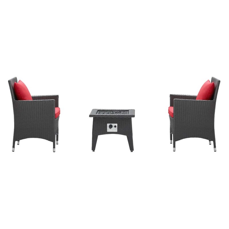 Modway Convene 3-Piece Outdoor Wicker Rattan Set with Fire Pit in Espresso/Red