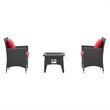 Modway Convene 3-Piece Outdoor Wicker Rattan Set with Fire Pit in Espresso/Red