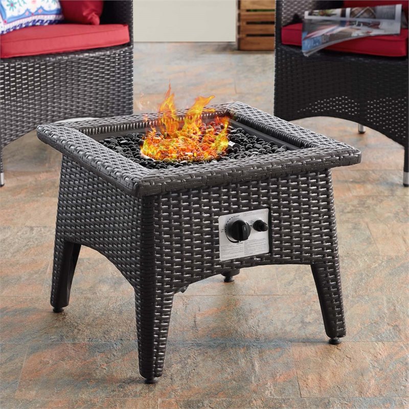 Modway Convene 3-Piece Outdoor Wicker Rattan Set with Fire Pit in Espresso/Red