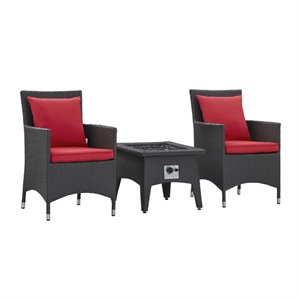 Modway Convene 3-Piece Outdoor Wicker Rattan Set with Fire Pit in Espresso/Red