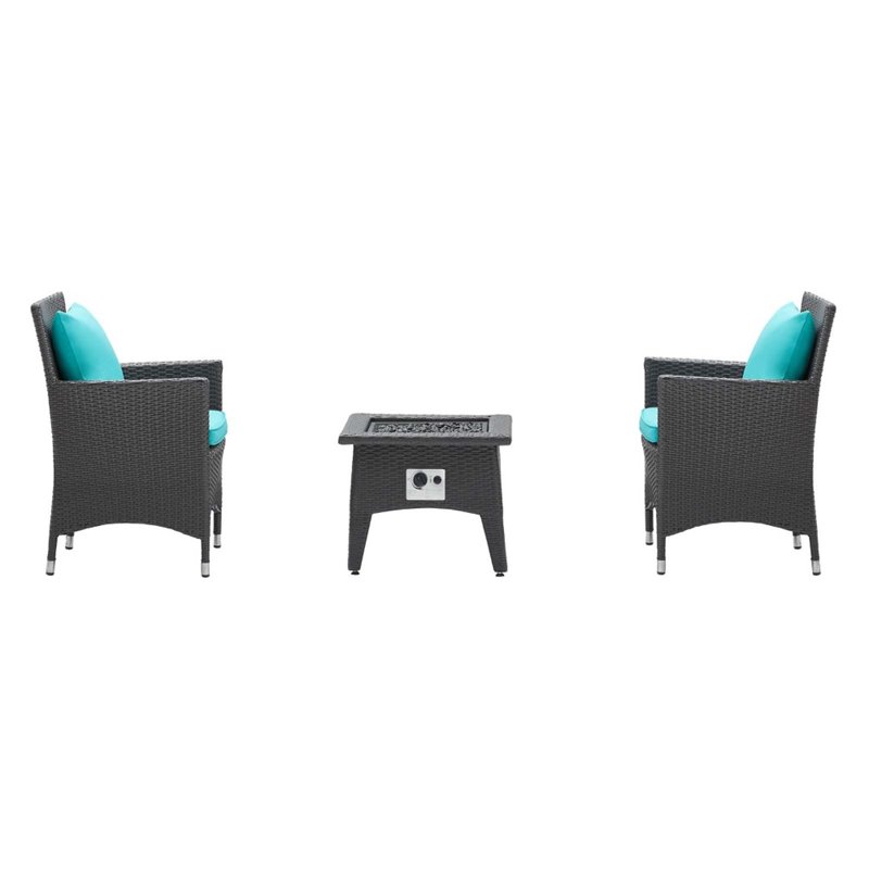 Modway Convene 3-Piece Patio Wicker Rattan Set w/ Fire Pit in Espresso/Turquoise