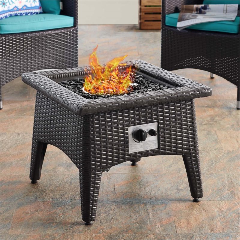 Modway Convene 3-Piece Patio Wicker Rattan Set w/ Fire Pit in Espresso/Turquoise