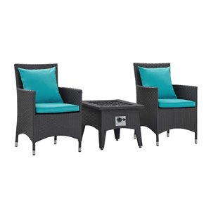Modway Convene 3-Piece Patio Wicker Rattan Set w/ Fire Pit in Espresso/Turquoise