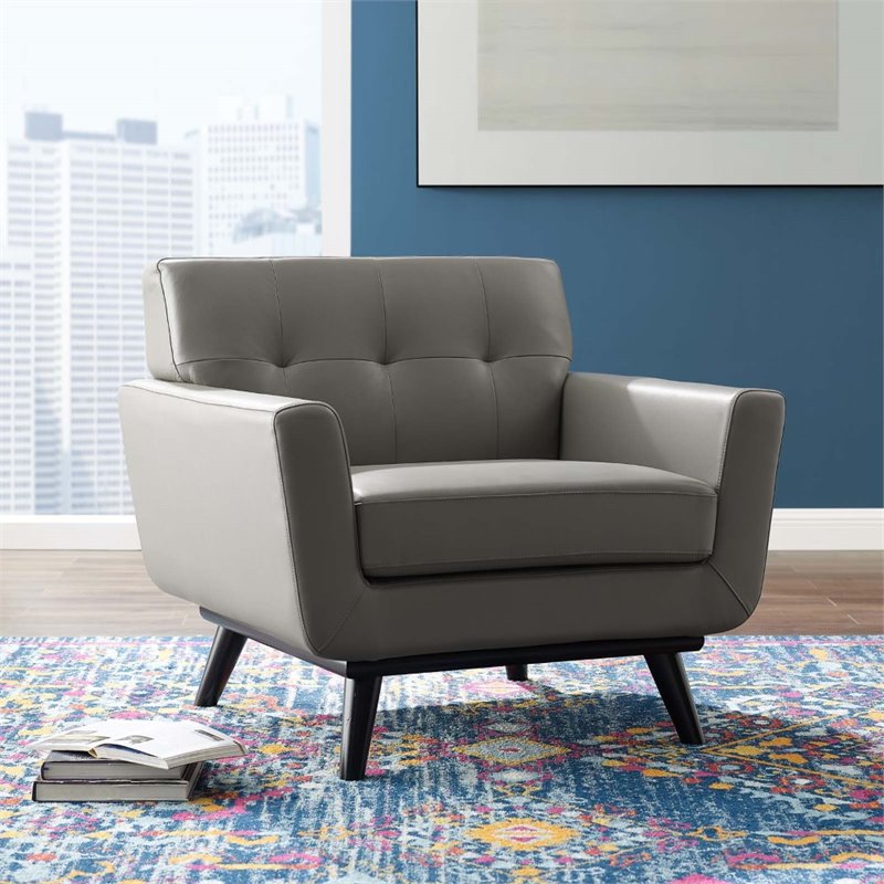 Modway Engage Top-Grain Leather Living Room Accent Armchair in Gray