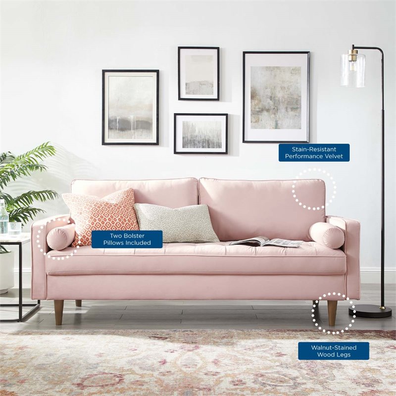 Modway Valour Modern Style Performance Velvet Sofa in Pink Finish