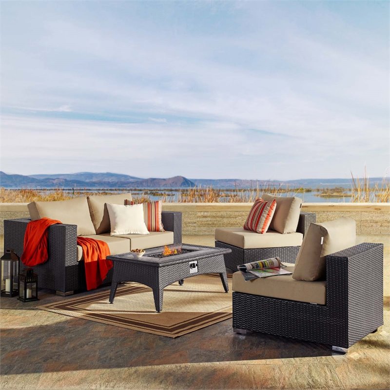 Modway Convene 5-Piece Outdoor Wicker Rattan Set with Fire Pit - Espresso/Mocha