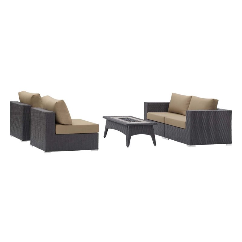 Modway Convene 5-Piece Outdoor Wicker Rattan Set with Fire Pit - Espresso/Mocha