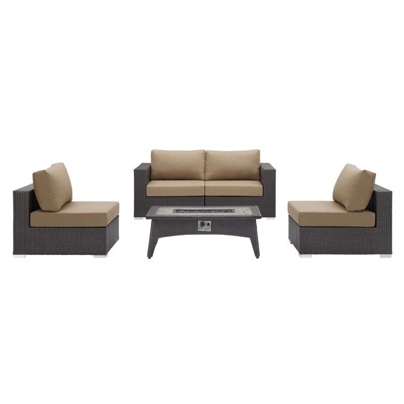 Modway Convene 5-Piece Outdoor Wicker Rattan Set with Fire Pit - Espresso/Mocha