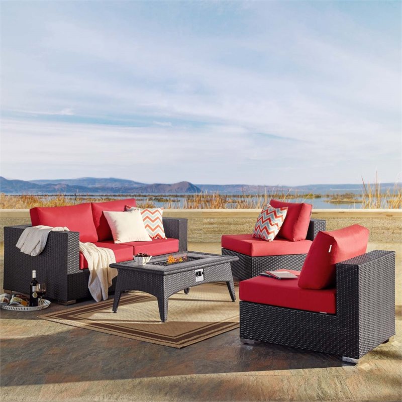 Modway Convene 5-Piece Outdoor Wicker Rattan Set with Fire Pit - Espresso/Red