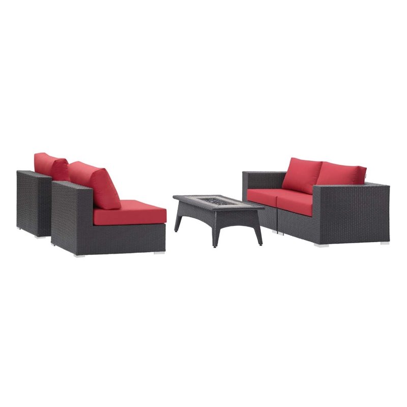 Modway Convene 5-Piece Outdoor Wicker Rattan Set with Fire Pit - Espresso/Red