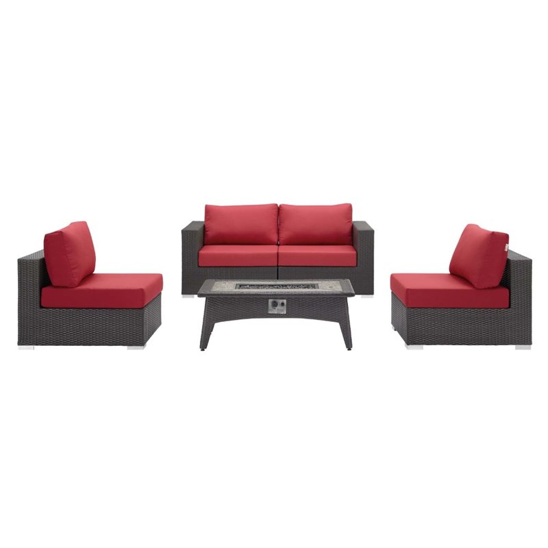 Modway Convene 5-Piece Outdoor Wicker Rattan Set with Fire Pit - Espresso/Red