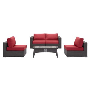 Modway Convene 5-Piece Outdoor Wicker Rattan Set with Fire Pit - Espresso/Red