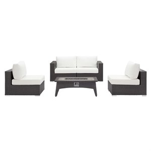 Modway Convene 5 Piece Patio Sofa Set with Fire Pit in Espresso and White