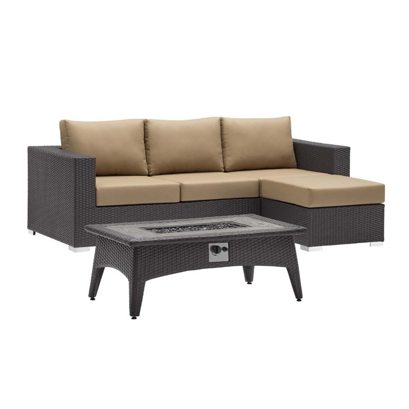 Modway Convene 3-Piece Outdoor Wicker Rattan Set with Fire Pit - Espresso/Mocha