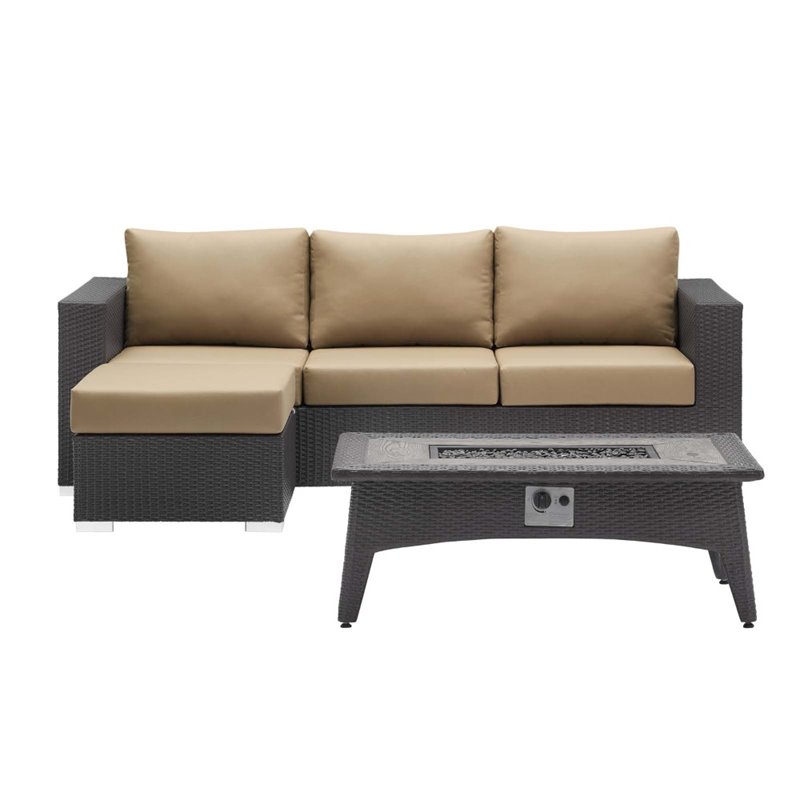 Modway Convene 3-Piece Outdoor Wicker Rattan Set with Fire Pit - Espresso/Mocha