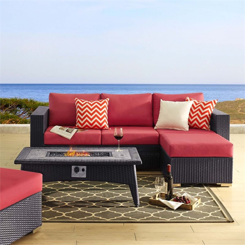 Modway Convene 3-Piece Outdoor Wicker Rattan Set with Fire Pit - Espresso/Red